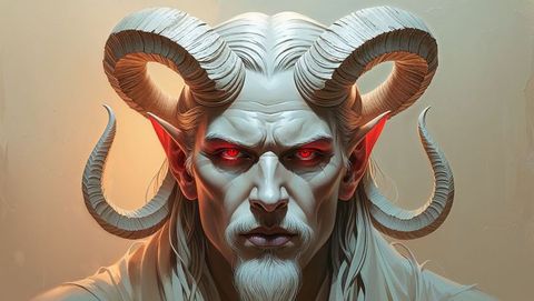 Demonic satan with ram horns and glowing red eyes