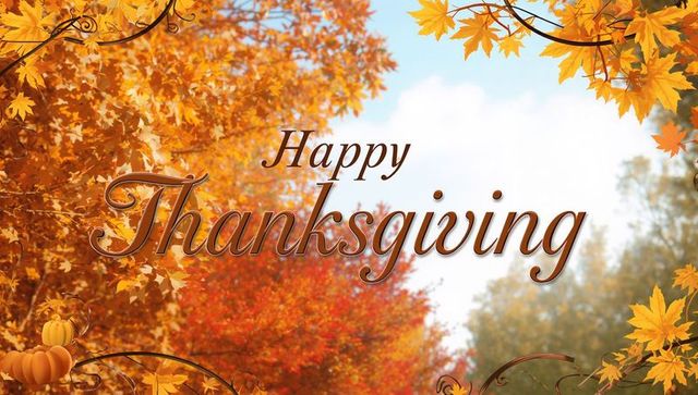 Autumn thanksgiving greeting showing gold script and maple leaves