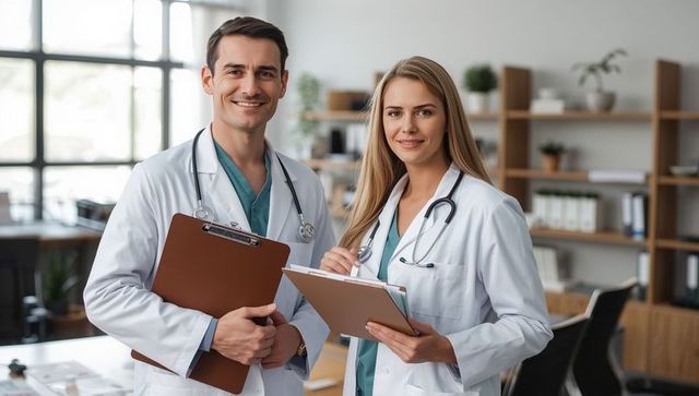 Confident Doctors Holding Clipboards in Clinical Environment