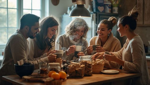 Friends enjoying cozy coffee and pastries around sunlit kitchen table