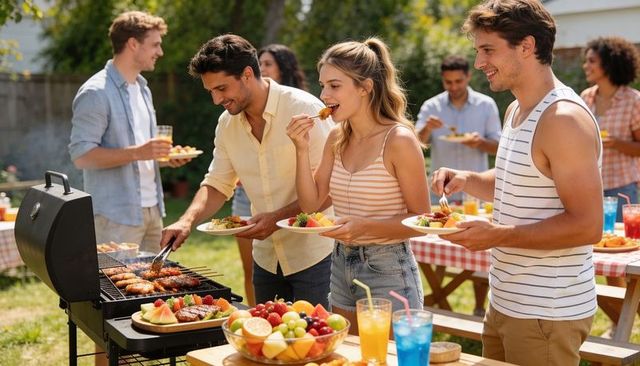Friends enjoying backyard barbecue with grilled skewers, fruit bowl, colorful drinks