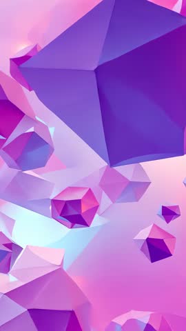 Vertical video panning floating low-poly purple and pink faceted solids across pastel gradient