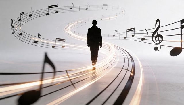 Walking into melody: silhouetted man following luminous musical staff and notes