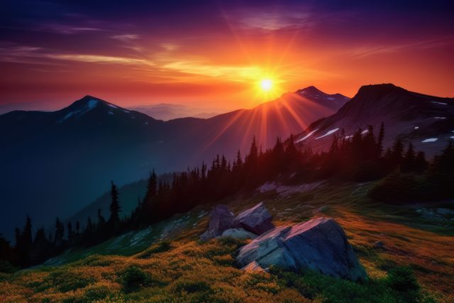 Vivid mountain scene at sunset with sun rays illuminating alpine peaks and trees. Perfect for backgrounds, travel blogs, environmental campaigns, and landscape wall art. Ideal for conveying themes of tranquility, wilderness, beauty, and nature.