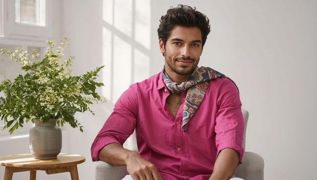 Confident man relaxing in contemporary living room with bright pink attire