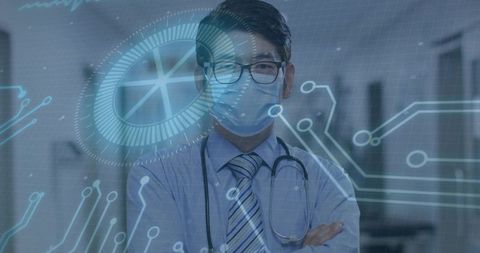 Futuristic Medical Professional Analyzing Digital Data in Hospital Corridor