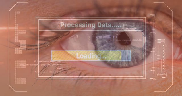 Image of data processing on screen over woman's eye. global communication, digital interface, technology and networking concept digitally generated image.