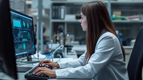 Woman Researcher Analyzing Data on Computer at Laboratory Desk