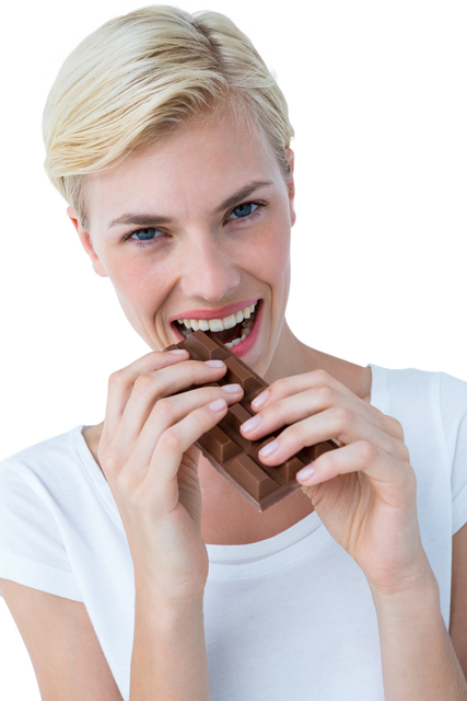 Attractive Woman Biting Chocolate Bar Showing Joy and Delight (Transparent Background) - Download Free Stock Videos Pikwizard.com