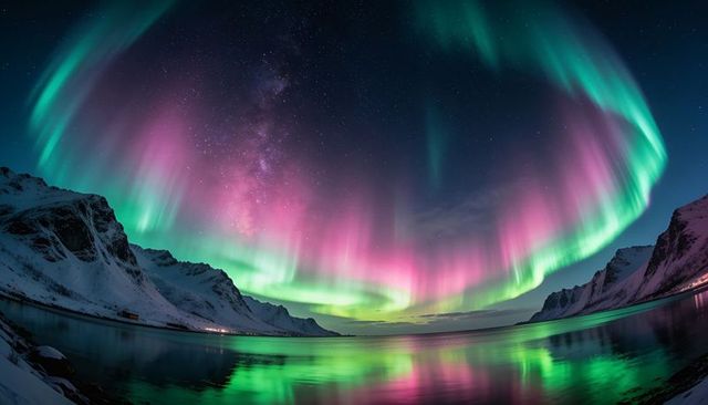 Aurora borealis arching over arctic fjord with magenta and green reflections