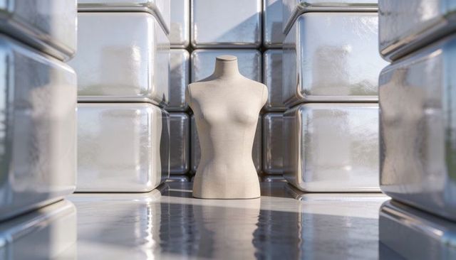 Minimalist dress form standing in reflective gallery with glossy metallic panels