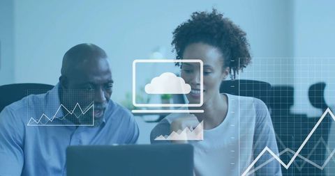 Business team analyzing cloud data visualization on laptop, collaborating on analytics