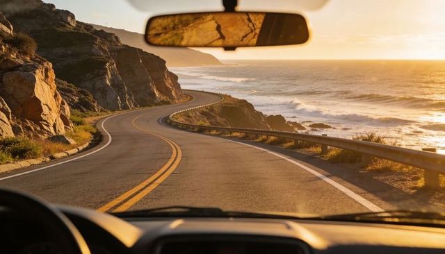 Driving along winding coastal highway at golden hour through car windshield, ocean view