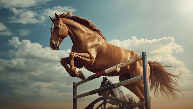 Dynamic Horse Jumping over Fence Against Majestic Sky