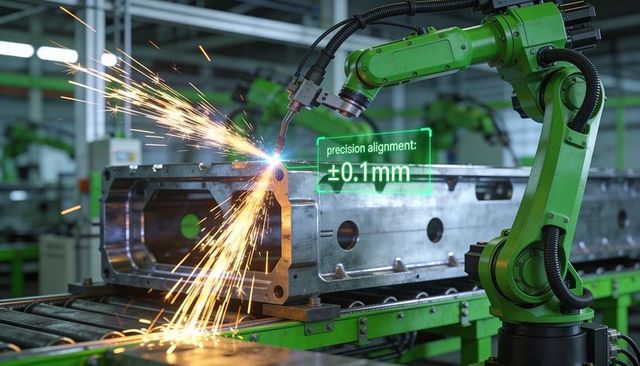 Precision robotic welding on metal component with sparks and digital alignment overlay