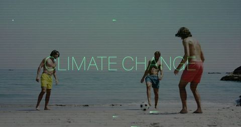 Youth engaged in beach soccer symbolizing climate change