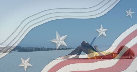 Young Woman Relaxing at Beach with Patriotic Imagery Overlay