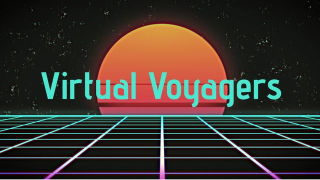 Vibrant promotional graphic featuring the text 'Virtual Voyagers' over a neon, synthwave-inspired setting with a glowing sun and a neon grid. Suitable for advertising retro-futuristic events, parties, music festivals, or themed online gatherings. Ideal for use on posters, flyers, social media posts, invitations, and digital banners targeting fans of retro 80s aesthetics and synthwave culture.