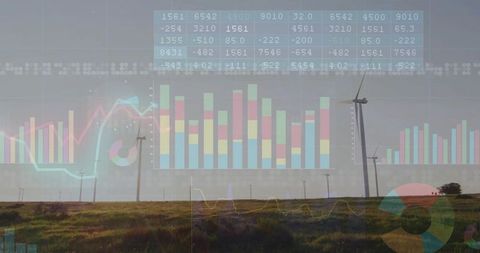 Wind turbine energy analytics overlay showing renewable power data on rural field horizon