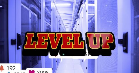 Level Up Text Overlay on Vibrant Server Room Background