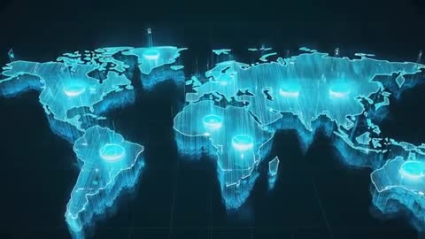 Futuristic 3D World Map with Pulsing Digital Waves and Terrain