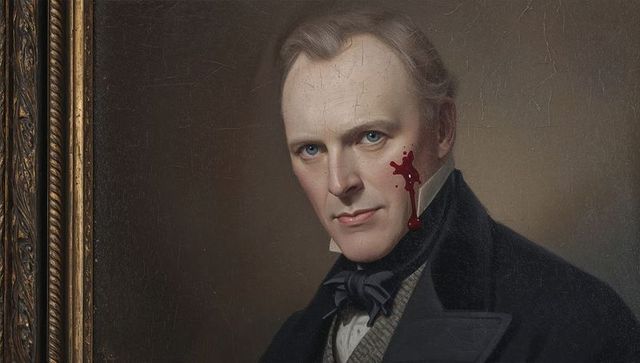 Victorian gentleman oil portrait with bloodstain on cheek, cracked craquelure, gilded frame