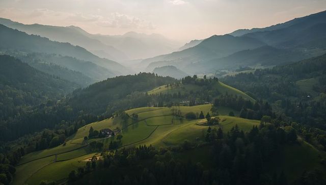 Sunlit rolling hills and farmhouse in misty mountain valley at golden hour aerial pastoral panorama
