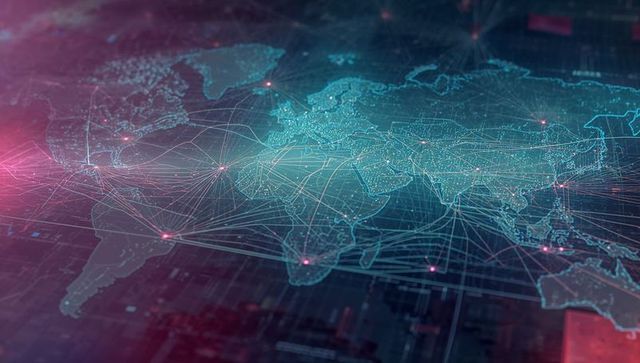 Global Digital Network Map Showing Neon Nodes and Data Connectivity Visualization