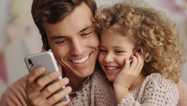 Father and Daughter Smiling at Smartphone Together