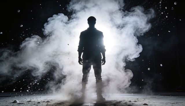Silhouetted man emerging from smoke and dust under blinding backlight, cinematic drama
