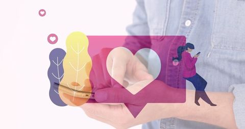 Person using smartphone with heart and communication graphics