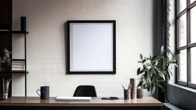 Empty black frame with copy space in office on white wall, created using generative ai technology. Office, workplace and interior design concept digitally generated image.