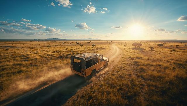 Adventurous safari jeep journey across sunlit african savannah