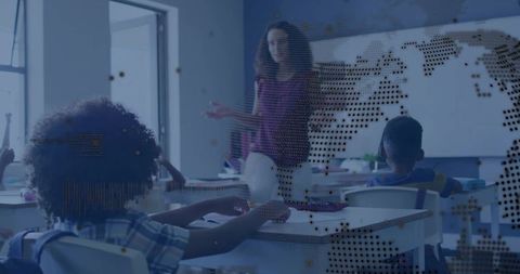 Educator teaching young students in classroom with global map overlay