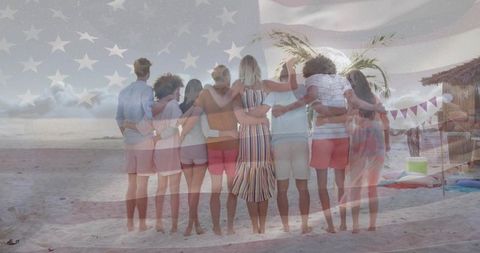Unified Friends Enjoying Beach Celebration with Patriotic Flair