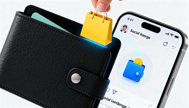 Inserting digital shopping token into leather wallet with mobile wallet app