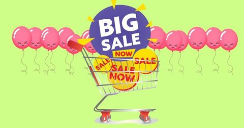 Shopping trolley loaded with sale signs and balloons on bright green background