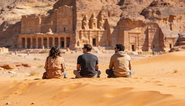 Three travelers sitting on sand dune admiring ancient rock-cut facades at petra desert monument