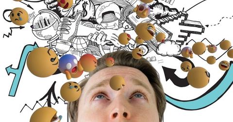 Person Surrounded by Floating Emojis and Illustrations