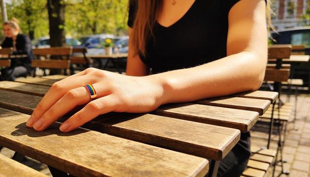 Young woman wearing rainbow pride ring resting hand on wooden cafe table in sunlight