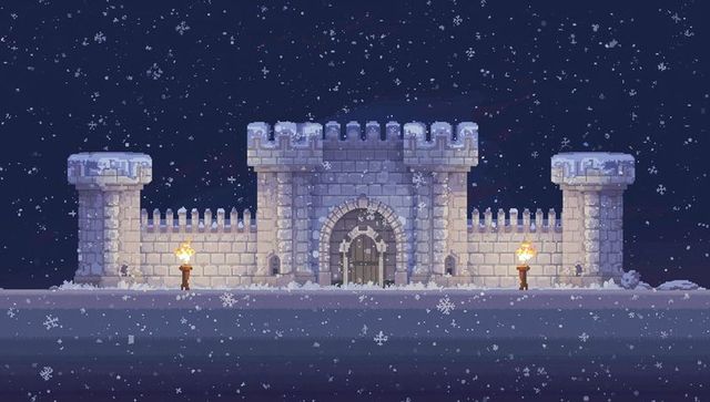 Snowbound stone castle at night pixel art gatehouse with lit torches and battlements