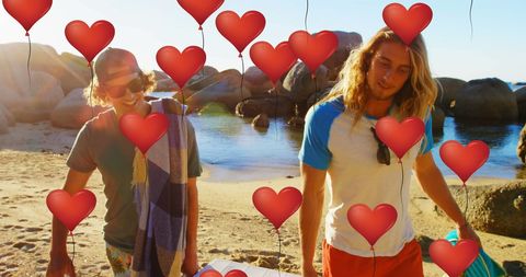 Friends Smiling on Beach with Heart Balloons Overlay