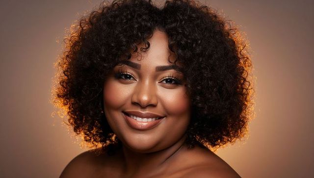 Smiling woman posing with rim-lit short curls, glowing makeup and warm studio headshot portrait