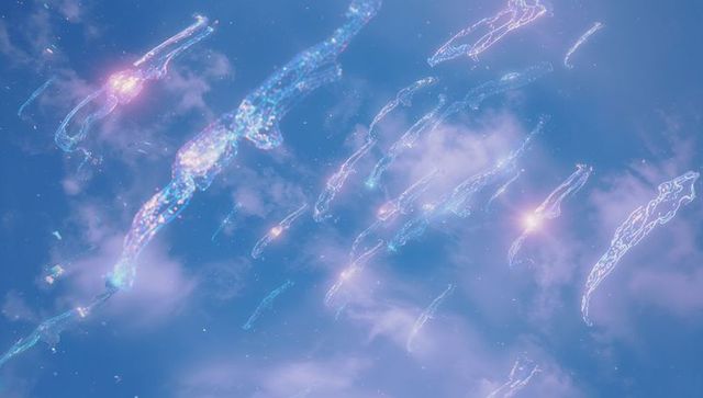 Magical Luminescent Creatures Soaring Through Soft Blue Skies