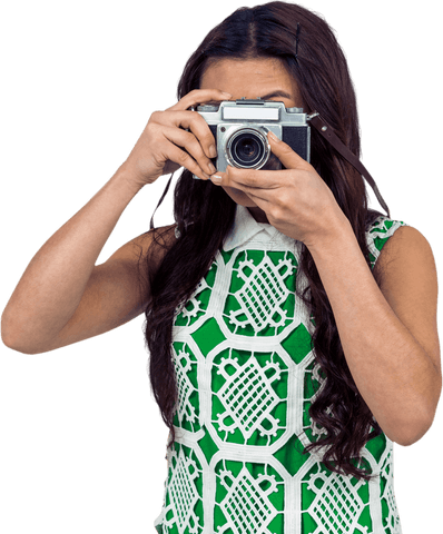 Transparent woman taking picture with vintage camera
