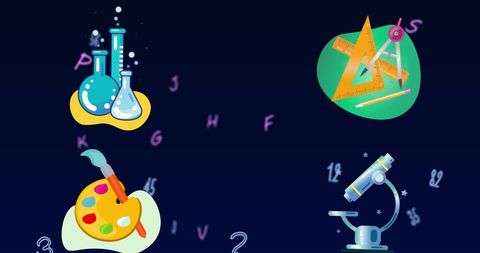 Colorful Educational Icons on Blue Background with Numbers and Letters
