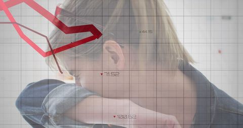 Woman sneezing amid digital financial downturn diagram