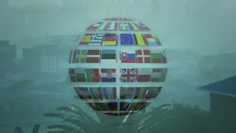 International Flags Sphere Over Tropical Landscape in Animated Style