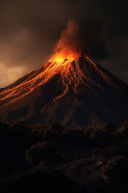 This image shows a volcano erupting with bright orange lava flowing down its sides and a plume of ash rising into the night sky. Perfect for illustrating articles about natural disasters, geological phenomena, or the awe-inspiring power of nature. Ideal for educational materials, environmental awareness campaigns, and travel magazines.