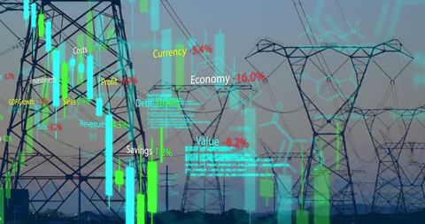 Digital Economic Data Overlay on Power Lines at Sunset - Download Free Stock Images Pikwizard.com